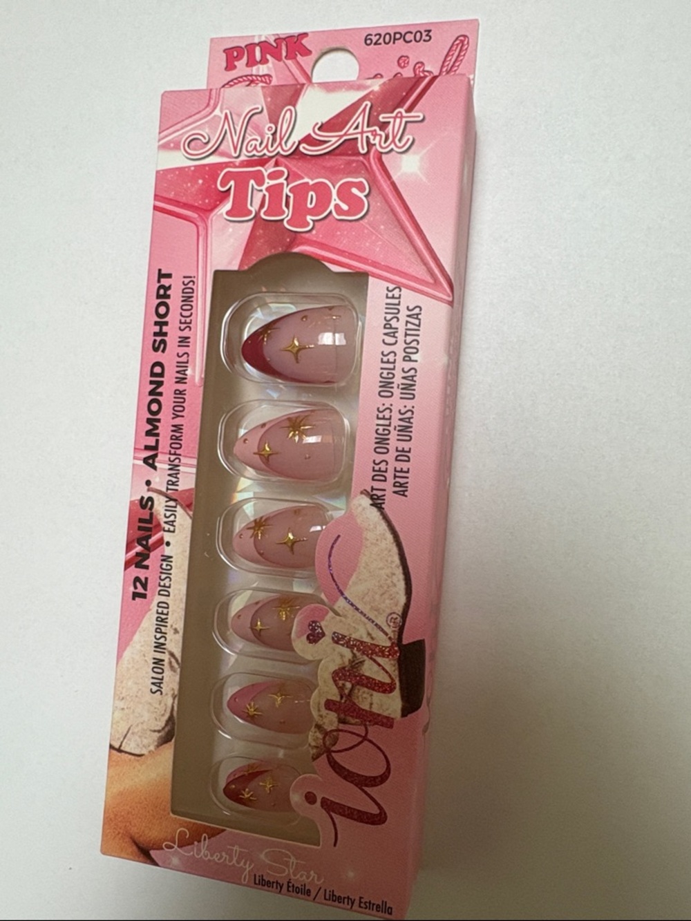Ioni Pink Cowgirl Nail Art Tips Liberty Star Press On Nails Almond Short 12 Pc